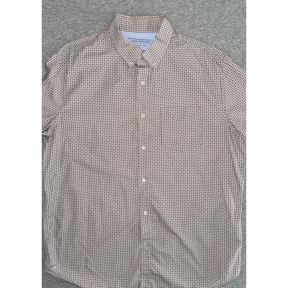 Banana Republic Mens Camden Standard Fit Luxe Poplin Tan Shirt Large Geometric